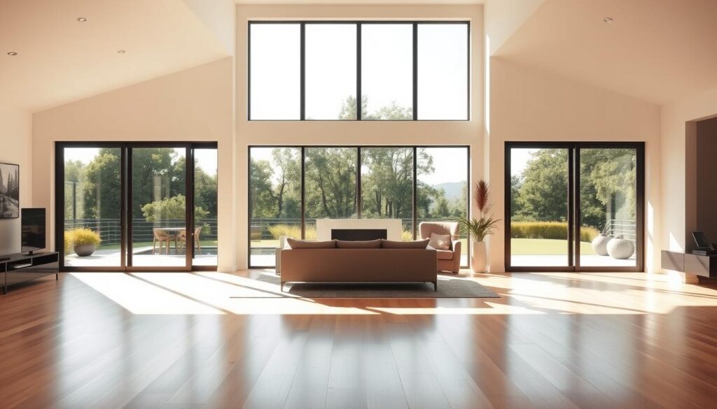 A spacious, well-lit room with large, floor-to-ceiling glass sliding doors that open up to a beautiful outdoor scene. The room is flooded with natural light, creating a warm and inviting atmosphere. The glass doors seamlessly blend the indoor and outdoor spaces, giving a sense of openness and flow. Minimalist furniture and clean lines accentuate the modern, sophisticated design. Soft, diffused lighting from concealed sources enhances the ambiance, while high ceilings and large windows make the room feel airy and expansive. The glass doors' smooth, effortless operation adds to the overall sense of comfort and convenience.