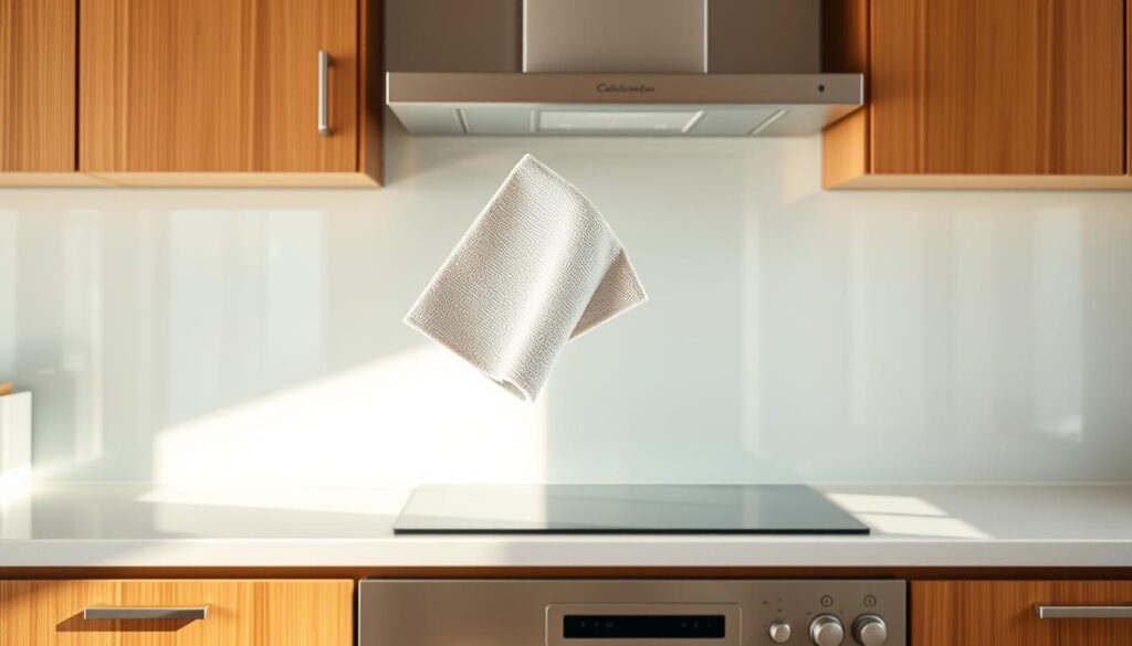 A sparkling glass kitchen backsplash, gleaming under soft, diffused lighting. The surface is free of any smudges or streaks, reflecting the warm tones of the surrounding wooden cabinetry. A microfiber cloth hovers above the glass, poised to effortlessly wipe away any lingering grime. The backsplash appears spotless, its pristine transparency accentuating the minimalist, modern aesthetic of the kitchen. In the background, a gentle haze of natural light filters in, creating a serene, inviting atmosphere. The overall scene conveys the ease and convenience of maintaining a glass kitchen spritzschutz, making it an ideal choice for the busy home chef.