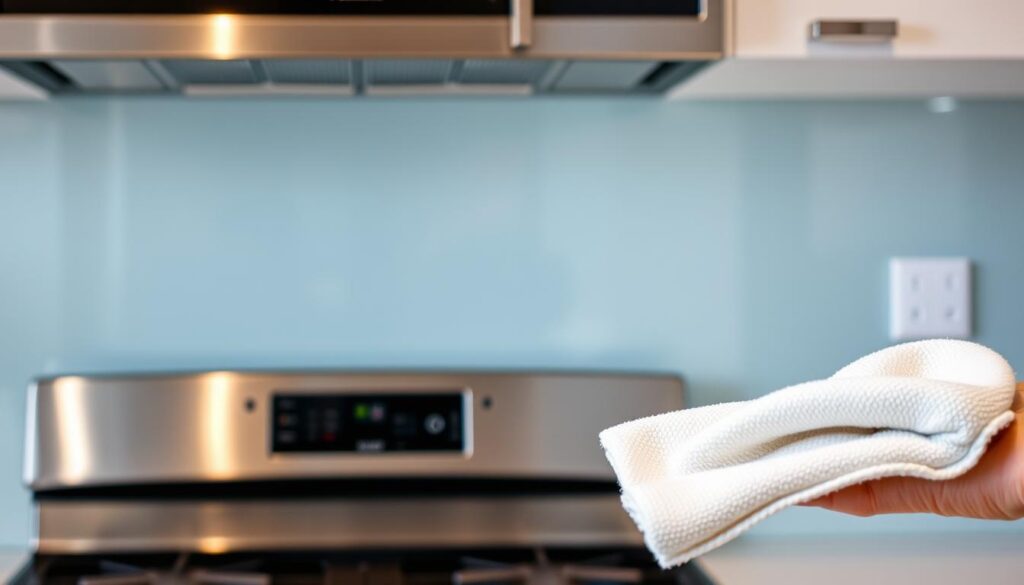 A sparkling glass kitchen backsplash under soft, even lighting. The surface is pristine, reflecting the gleam of stainless steel appliances. Water droplets cling to the clear, tempered glass, highlighting its smooth, durable texture. In the foreground, a microfiber cloth hovers, ready to effortlessly wipe away any spills or splatters, keeping the backsplash spotless and hygienic. The composition emphasizes the backsplash's practical and aesthetic benefits, conveying a sense of easy maintenance and timeless elegance in the kitchen space.