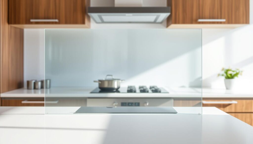 A spotless kitchen counter, gleaming under the warm glow of natural lighting. In the foreground, a sleek, frameless glass panel stands tall, its transparent surface protecting the cooking area from wayward splatters. The glass appears to float effortlessly, seamlessly blending with the modern, minimalist aesthetic of the kitchen. In the middle ground, the rich, wood-grained cabinets provide a subtle contrast, while the background features a crisp, white backsplash that amplifies the sense of cleanliness and hygiene. The overall scene conveys a sense of streamlined efficiency, where the glass Spritzschutz serves as a practical and visually appealing solution to keep the kitchen tidy and well-organized.
