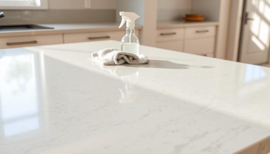 A spotless kitchen countertop, gleaming with a fresh, streak-free shine. Sunlight filters through the window, casting a warm, natural glow on the surface. A small spray bottle and a soft, microfiber cloth sit nearby, ready to tackle any stubborn grease or grime. The countertop's polished granite or quartz finish reflects the kitchen's modern, minimalist design, inviting a sense of effortless cleanliness. Subtle shadows and highlights accentuate the smooth, clean texture, while the overall composition conveys a feeling of ease and satisfaction in maintaining a pristine cooking space.
