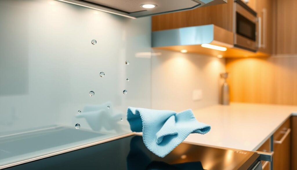 A spotlessly clean glass kitchen backsplash, gleaming under warm overhead lighting. Droplets of water dance across the surface, effortlessly wiped away with a clean microfiber cloth. The backsplash seamlessly blends into the modern kitchen design, its sleek, minimalist aesthetic complementing the stainless steel appliances and natural wood cabinetry. A sense of order and cleanliness pervades the scene, highlighting the ease of maintaining this high-quality glass backsplash without the need for specialized cleaning products. The overall impression is one of a tidy, well-organized kitchen, where the backsplash serves as a centerpiece, reflecting the light and creating a serene, welcoming atmosphere.