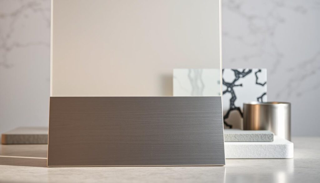 A still life composition showcasing a variety of high-quality kitchen materials. In the foreground, a sleek aluminum composite panel with a brushed metallic finish reflects the warm lighting, casting subtle shadows. Behind it, a frosted glass panel with a seamless, modern aesthetic. In the middle ground, a mix of other premium materials such as tempered glass, quartz, and stainless steel, each with their own unique textures and sheen. The background is a neutral, slightly blurred setting, allowing the materials to take center stage. The overall mood is one of sophistication, quality, and attention to detail - the key hallmarks of a bespoke kitchen design. A still life composition showcasing a variety of high-quality kitchen materials. In the foreground, a sleek aluminum composite panel with a brushed metallic finish reflects the warm lighting, casting subtle shadows. Behind it, a frosted glass panel with a seamless, modern aesthetic. In the middle ground, a mix of other premium materials such as tempered glass, quartz, and stainless steel, each with their own unique textures and sheen. The background is a neutral, slightly blurred setting, allowing the materials to take center stage. The overall mood is one of sophistication, quality, and attention to detail - the key hallmarks of a bespoke kitchen design.