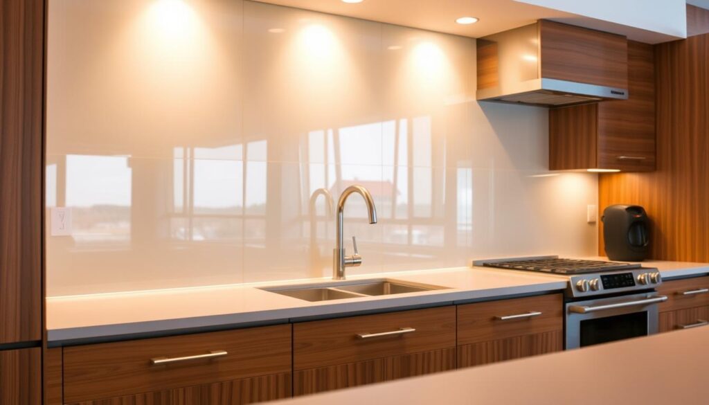 A stunning glass backsplash fills the frame, its smooth, reflective surface catching the warm glow of a modern kitchen. The glass panels are precisely cut and seamlessly installed, creating a sleek, contemporary aesthetic. Soft, diffused lighting illuminates the space, casting a gentle, inviting ambiance. The backsplash serves as a focal point, drawing the eye and complementing the rich wood tones and stainless steel appliances of the kitchen. The overall scene conveys a sense of sophistication, functionality, and an appreciation for high-quality, customized solutions that elevate the kitchen experience.
