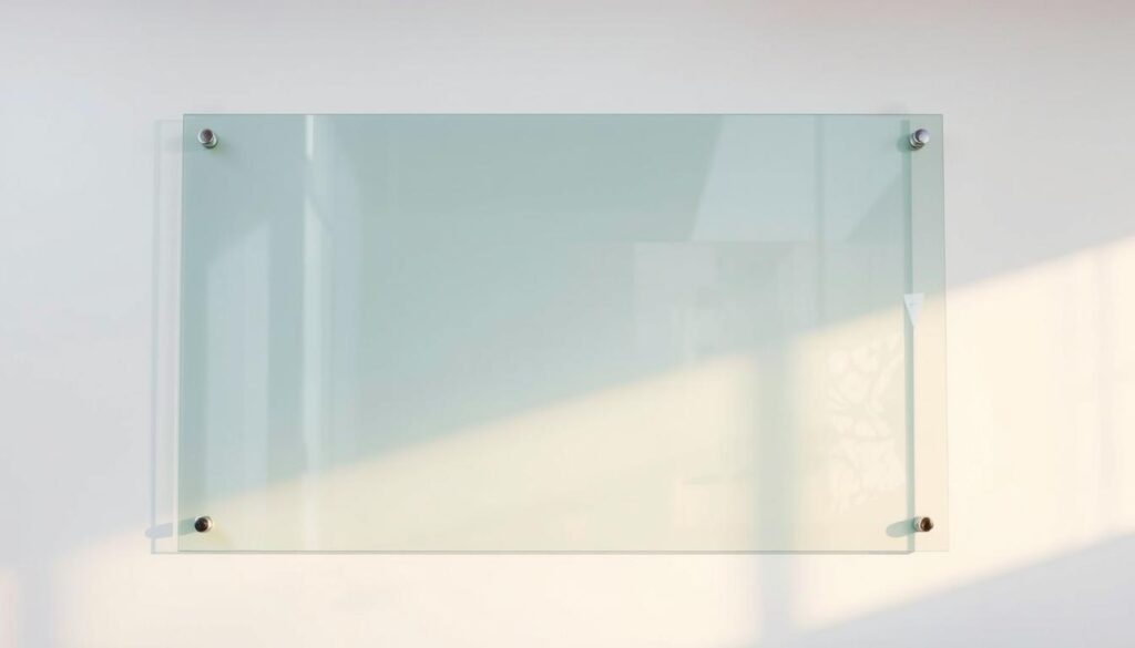 A stunning glass design with a sleek, modern aesthetic. A large, frameless glass panel takes center stage, its surface reflecting the light in a mesmerizing play of shimmering transparencies. The glass appears to float effortlessly, held in place by minimal metal fittings that seamlessly blend into the design. The background features a clean, white wall, allowing the glass to be the focal point. Soft, directional lighting casts a warm glow, emphasizing the depth and clarity of the glass. The overall impression is one of elegance, simplicity, and a harmonious blend of form and function - a truly majestic glass design that would complement any contemporary interior.