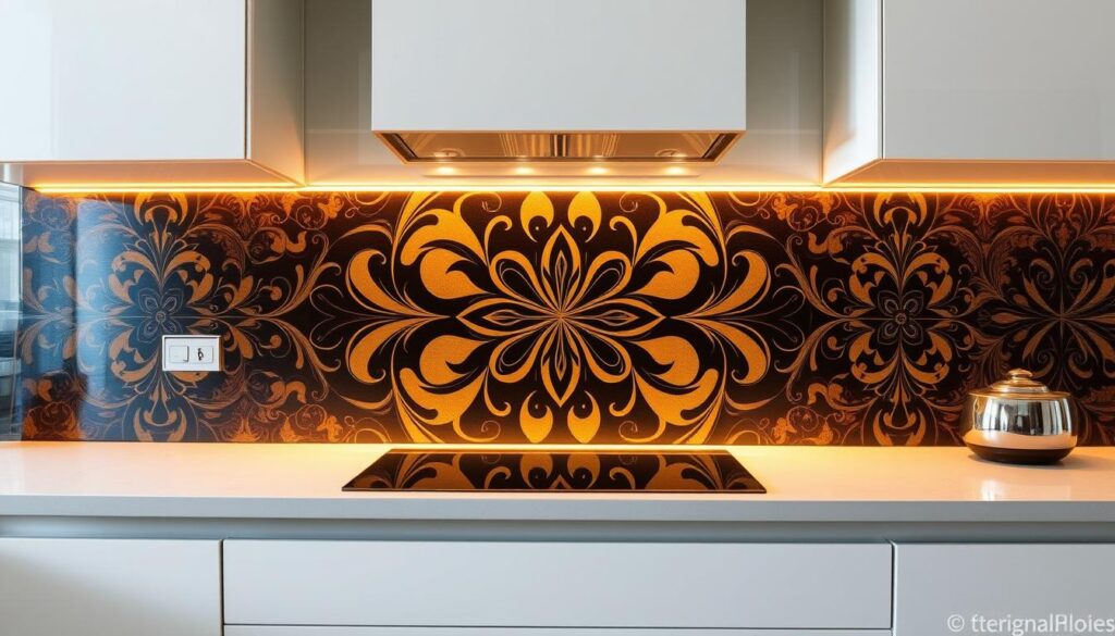 A stunning, high-quality glass splashback with a captivating, custom-designed motif. The surface is perfectly smooth and reflective, creating a sleek, modern aesthetic. The pattern features a harmonious blend of organic shapes and intriguing geometric elements, subtly playing with light and shadow to add depth and visual interest. Warm, ambient lighting illuminates the splashback, highlighting the rich colors and intricate details. The composition is balanced and visually striking, making it the true focal point of the kitchen space. The overall effect is one of elegance, sophistication, and timeless design. A stunning, high-quality glass splashback with a captivating, custom-designed motif. The surface is perfectly smooth and reflective, creating a sleek, modern aesthetic. The pattern features a harmonious blend of organic shapes and intriguing geometric elements, subtly playing with light and shadow to add depth and visual interest. Warm, ambient lighting illuminates the splashback, highlighting the rich colors and intricate details. The composition is balanced and visually striking, making it the true focal point of the kitchen space. The overall effect is one of elegance, sophistication, and timeless design.