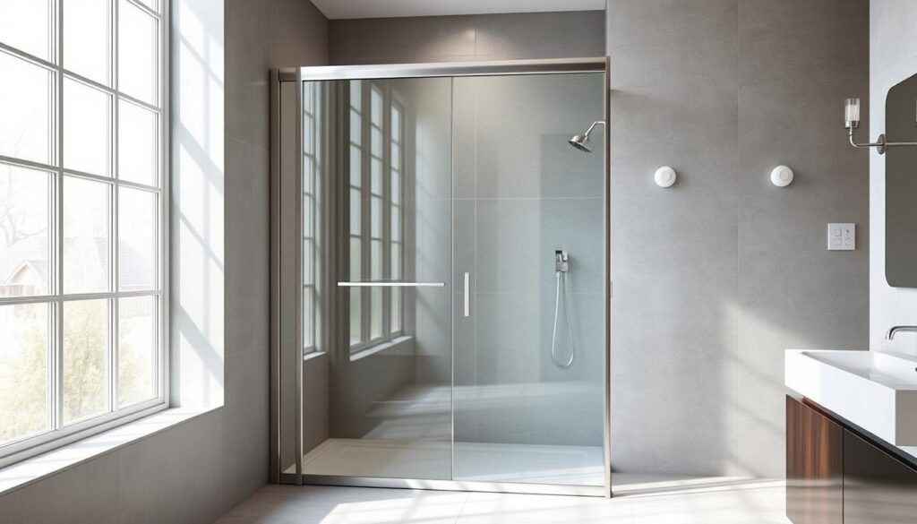 A stylish, minimalist shower enclosure with a sleek sliding glass door. The door glides effortlessly along a polished metal track, creating a seamless, streamlined look. Bright natural light filters in through large windows, illuminating the clean, modern design. Subtle details like brushed metal hardware and a frameless glass panel add an elegant touch. The enclosure is thoughtfully positioned within a spacious, tiled bathroom, allowing for ample maneuvering room. An atmosphere of calm and sophistication pervades the scene, highlighting the functional yet visually appealing nature of this sliding shower door solution.