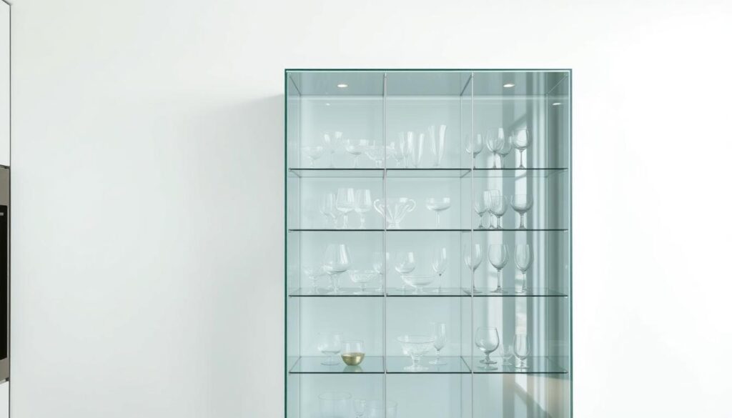A transparent glass display cabinet stands in a minimalist, well-lit kitchen. The cabinet's shelves showcase a collection of delicate glassware, reflecting the soft, diffused lighting from above. The background is a clean, white wall, allowing the transparency of the cabinet to take center stage. The overall scene conveys a sense of elegant simplicity, highlighting the quality and clarity of the displayed items. The camera angle is slightly elevated, giving a subtle overview of the space and emphasizing the transparency of the cabinet's design.