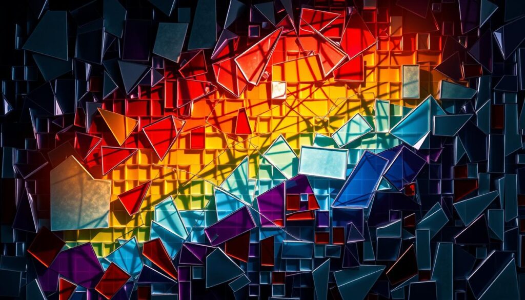 A vibrant, abstract glass mosaic depicting the concept of "motiv optik" or "design and optics". The central composition features an array of geometric shapes and patterns, seamlessly blending bold colors and dynamic textures. The foreground showcases sharp, angular fragments that appear to shift and refract light, creating a mesmerizing optical illusion. The middle ground introduces softer, undulating forms that gradually transition into a more muted, dreamlike background. Dramatic, moody lighting casts deep shadows and highlights the sculptural quality of the glass elements. The overall aesthetic conveys a sense of endless visual possibilities, reflecting the theme of "unendliche Wahlfreiheit" or "infinite choice" in kitchen design.