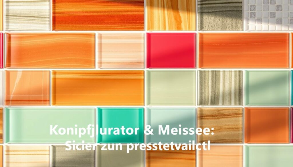A vibrant and harmonious collection of kitchen backsplash samples, showcasing a variety of modern color patterns and material textures. The samples are artfully arranged in a visually appealing grid layout, with a clean and minimalist aesthetic. Soft, natural lighting casts a warm glow, accentuating the depth and sheen of the glass and tile materials. The overall composition conveys a sense of style, customization, and the ability to find the perfect fit for any kitchen design. The image presents a compelling visual representation of the "Konfigurator & Muster: Sicher zur besten Wahl" section, enticing the viewer to explore the customization options available.