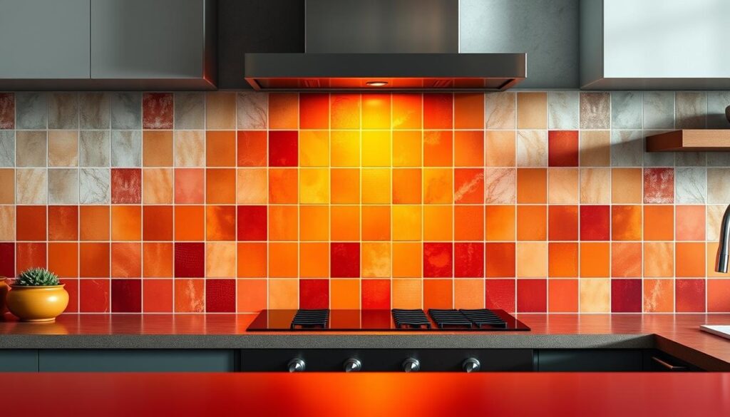 A vibrant and visually captivating kitchen backsplash, showcasing an array of inspiring color palettes. The foreground features a striking gradient of warm hues, transitioning from deep crimson to vibrant tangerine, creating a dynamic and eye-catching focal point. The middle ground showcases a harmonious blend of earthy tones, including terracotta, ochre, and subtle olive undertones, evoking a sense of natural elegance. The background subtly fades into a softer, more muted palette of dusty blues and grays, adding depth and balance to the composition. The lighting is soft and diffused, casting a gentle, inviting glow that enhances the depth and texture of the materials. The overall scene captures the essence of inspiration, showcasing a visually stunning and adaptable kitchen backsplash solution.