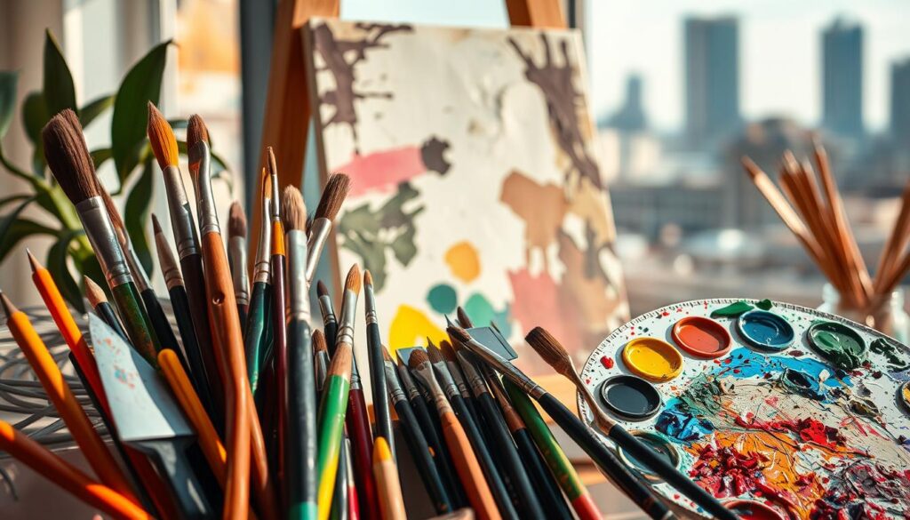 A vibrant, beautifully composed still life featuring an array of artistic motives. In the foreground, a collection of paintbrushes, palette knives, and vibrant acrylic paints in a variety of hues create a sense of creative energy. The middle ground showcases a canvas with expressive brushstrokes, capturing the essence of artistic expression. In the background, a softly blurred cityscape provides a subtle urban backdrop, hinting at the inspiration and influences that drive the creative process. The lighting is warm and natural, casting a gentle glow over the scene, evoking a sense of tranquility and focus. This image embodies the freedom and versatility of design, inviting the viewer to imagine the endless possibilities of artistic expression.