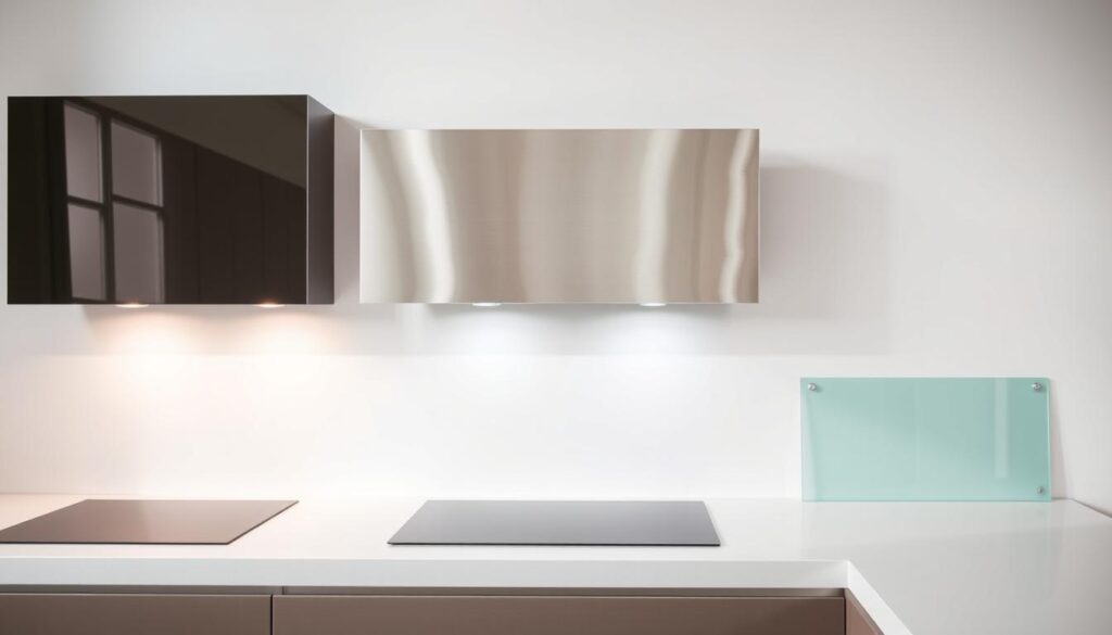 A vibrant selection of kitchen splashback materials, showcased in a well-lit, minimalist studio setting. Crisp and evenly-lit close-up shots highlighting the unique textures and finishes of various options - glossy vinyl film, brushed aluminum composite, acrylic glass panels, and more. Each material sample is displayed against a neutral background, allowing their distinctive qualities to shine. The lighting is soft and diffused, creating a sense of clarity and detail. The camera angles provide a comprehensive overview, capturing the versatility and visual appeal of these custom-fitted kitchen protection solutions. A vibrant selection of kitchen splashback materials, showcased in a well-lit, minimalist studio setting. Crisp and evenly-lit close-up shots highlighting the unique textures and finishes of various options - glossy vinyl film, brushed aluminum composite, acrylic glass panels, and more. Each material sample is displayed against a neutral background, allowing their distinctive qualities to shine. The lighting is soft and diffused, creating a sense of clarity and detail. The camera angles provide a comprehensive overview, capturing the versatility and visual appeal of these custom-fitted kitchen protection solutions.