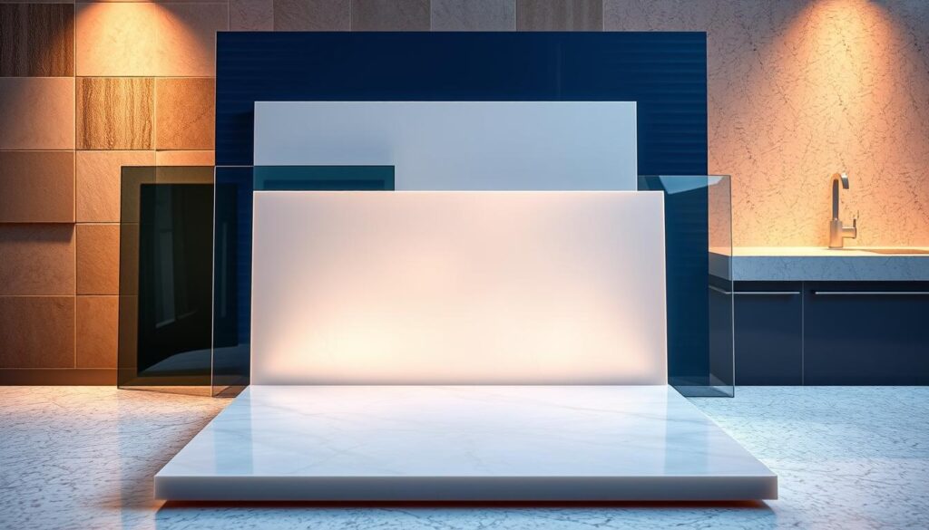 A vibrant still life display showcasing a variety of high-quality materials commonly used in modern kitchen design. In the foreground, a large slab of translucent quartz reflects the soft, diffused lighting, casting a warm glow. Behind it, sheets of tempered glass, brushed aluminum, and glossy acrylic panels arranged in an organized, visually striking composition. In the background, textured ceramic tiles and a subtle quartz countertop surface add depth and visual interest. The overall scene exudes a sense of sophistication, functionality, and attention to detail - perfectly capturing the essence of "Materialien" for the kitchen design feature.