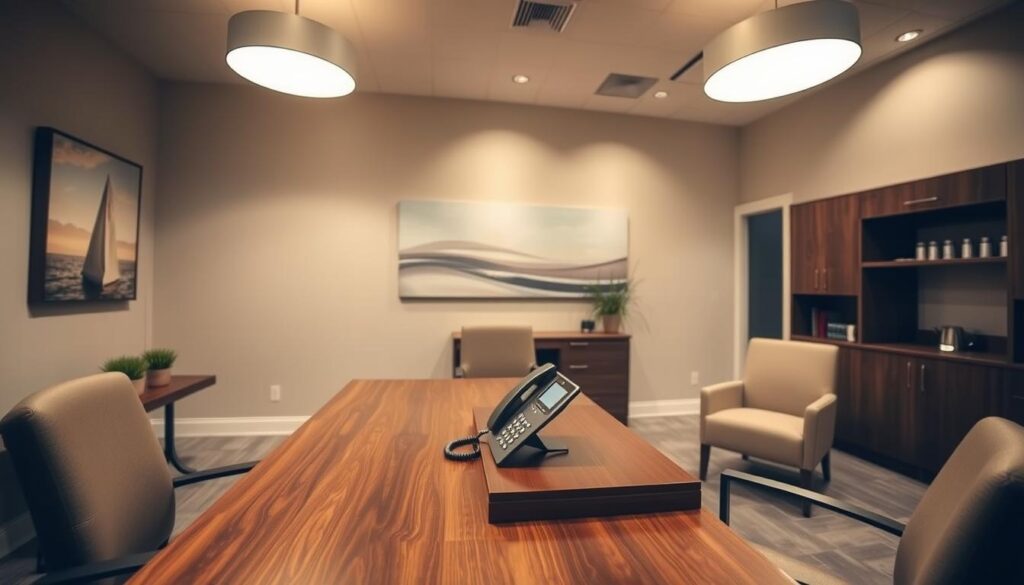 A warm, inviting consultation room with a large, wooden desk and comfortable chairs. A sleek, modern telephone sits atop the desk, ready for customer service inquiries. The walls are adorned with soothing, neutral-toned artwork, creating a calming atmosphere. Soft, diffused lighting from overhead fixtures casts a gentle glow, evoking a sense of professionalism and care. The room is spacious, yet cozy, evoking a welcoming ambiance for customers seeking personalized kitchen solutions. The overall scene conveys a high-quality, customer-centric experience.