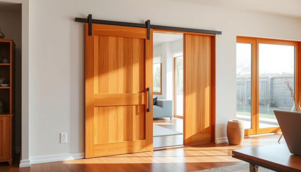A warm, inviting wooden sliding door in a well-lit interior setting. The door is made of richly grained, honey-toned wood panels that slide smoothly along a sleek, unobtrusive track system. Soft, natural light filters in through large windows, casting a gentle glow on the wood's texture. The door seamlessly blends with the room's decor, adding a touch of rustic elegance and timeless charm. The scene conveys a sense of tranquility and functionality, perfectly suited for everyday use in a modern household. A warm, inviting wooden sliding door in a well-lit interior setting. The door is made of richly grained, honey-toned wood panels that slide smoothly along a sleek, unobtrusive track system. Soft, natural light filters in through large windows, casting a gentle glow on the wood's texture. The door seamlessly blends with the room's decor, adding a touch of rustic elegance and timeless charm. The scene conveys a sense of tranquility and functionality, perfectly suited for everyday use in a modern household.