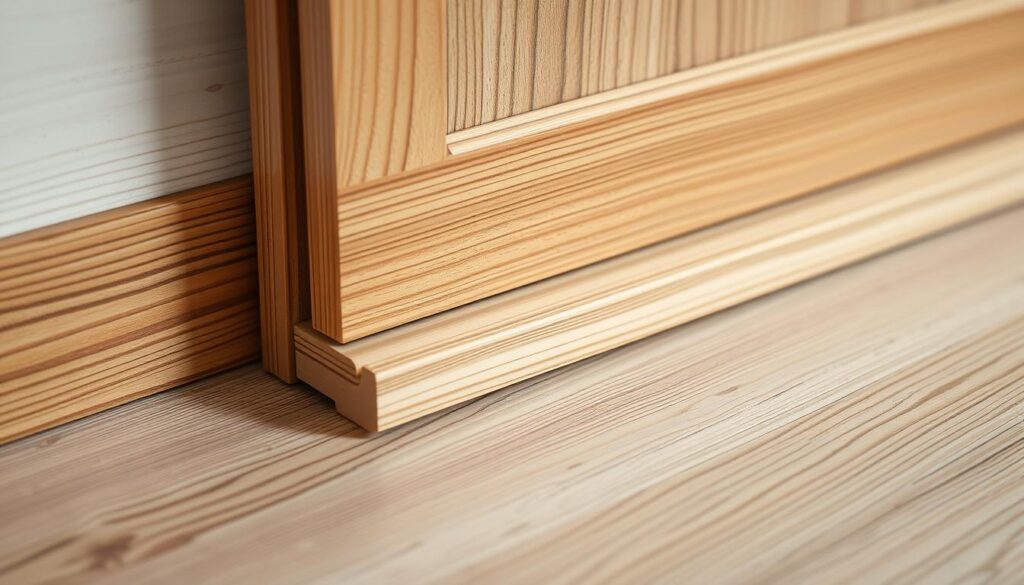 A well-crafted, low-profile wooden floor guide, seamlessly integrated into the sleek design of a sliding wooden door system. The guide features smooth, precisely engineered rollers that glide effortlessly, enabling the door to move with a silent, fluid motion. The wood grain patterns and natural tones harmonize beautifully with the overall aesthetic, creating a cohesive, high-quality appearance. Soft, diffused lighting from above casts subtle shadows, accentuating the minimalist, functional design. The entire assembly is captured from a low, close-up angle, emphasizing the attention to detail and the refined integration of the various components that comprise this essential sliding door hardware.