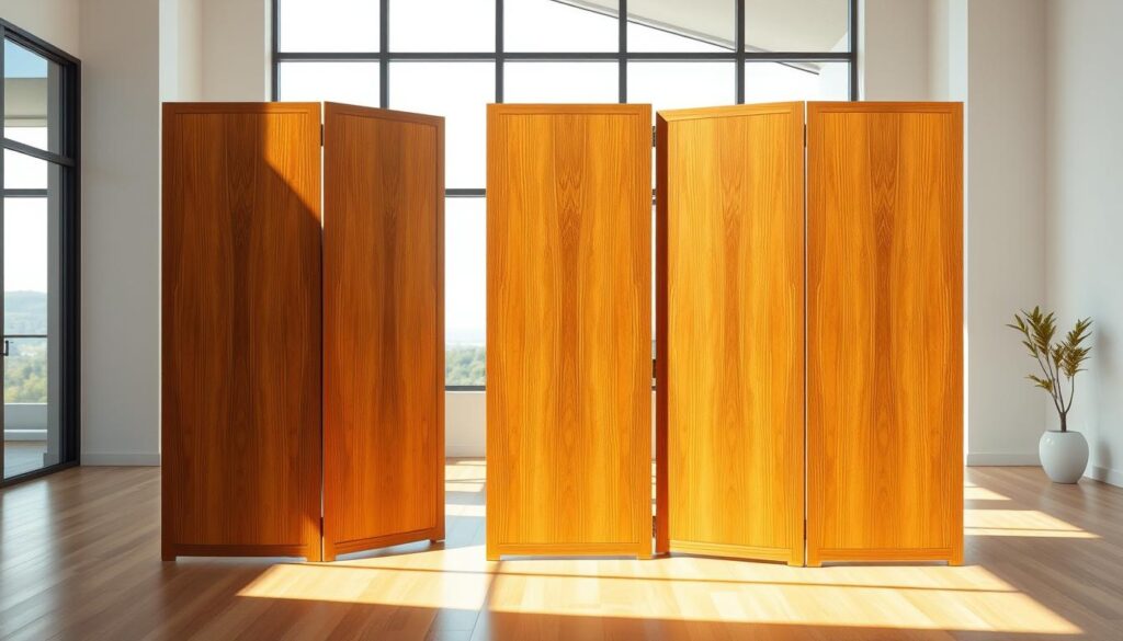 A well-crafted wooden room divider stands elegantly in a spacious, light-filled room. The grain of the wood gleams under warm, natural lighting, casting subtle shadows that add depth and texture. The divider's sleek, minimalist design seamlessly blends into the modern, airy decor, creating a sense of architectural harmony. In the background, a large window offers a picturesque view, enhancing the overall ambiance. The divider serves as a functional yet aesthetically pleasing solution, effortlessly separating spaces while maintaining an open, inviting atmosphere. This versatile and visually appealing room divider exemplifies the perfect balance of form and function. A well-crafted wooden room divider stands elegantly in a spacious, light-filled room. The grain of the wood gleams under warm, natural lighting, casting subtle shadows that add depth and texture. The divider's sleek, minimalist design seamlessly blends into the modern, airy decor, creating a sense of architectural harmony. In the background, a large window offers a picturesque view, enhancing the overall ambiance. The divider serves as a functional yet aesthetically pleasing solution, effortlessly separating spaces while maintaining an open, inviting atmosphere. This versatile and visually appealing room divider exemplifies the perfect balance of form and function.