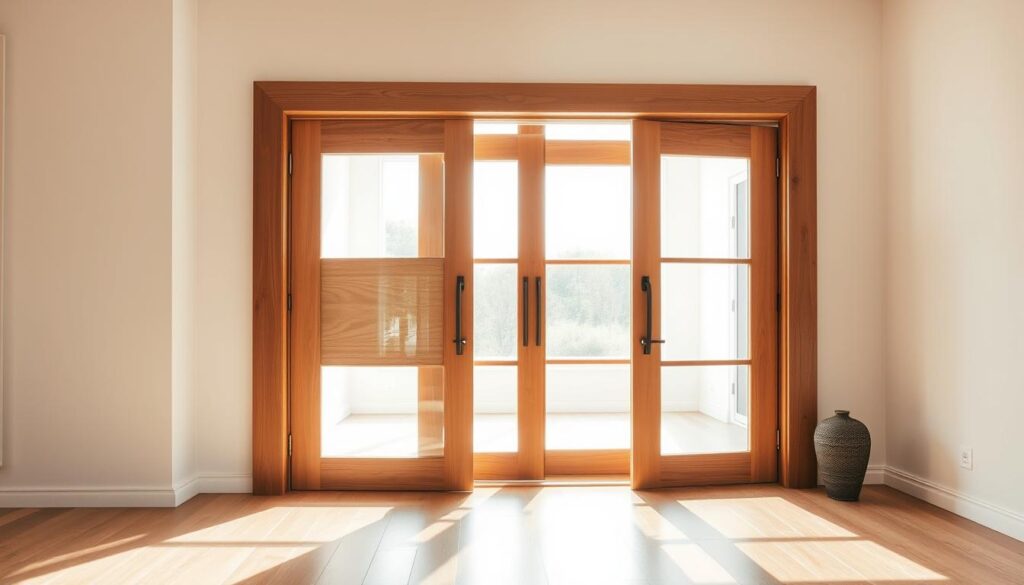 A well-crafted wooden sliding door in a bright, airy room. The door's frame is made of rich, warm-toned wood, complementing the light hardwood flooring. The sliding mechanism operates smoothly, allowing the door to glide open effortlessly. Soft, natural light filters in through a large window, creating a peaceful ambiance. The door's design features clean lines and a minimalist aesthetic, blending seamlessly with the room's modern decor. A sense of tranquility and sophistication pervades the scene, inviting the viewer to imagine the door's role in creating a harmonious living space.