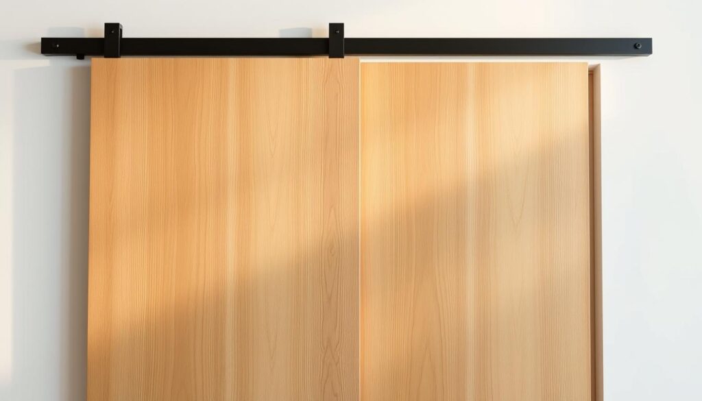 A well-crafted wooden sliding door in a modern, minimalist style, with a sleek, natural grain and a seamless, customizable design. The door is suspended from an elegant, matte black track, casting soft, diffused lighting across the surface. The background features a clean, white wall, highlighting the warm, inviting tones of the wood. The camera angle captures the door at a slightly elevated perspective, emphasizing its clean lines and precise craftsmanship. The overall atmosphere is one of modern sophistication and attention to detail, perfectly suited to illustrate a section on bespoke sliding door solutions. A well-crafted wooden sliding door in a modern, minimalist style, with a sleek, natural grain and a seamless, customizable design. The door is suspended from an elegant, matte black track, casting soft, diffused lighting across the surface. The background features a clean, white wall, highlighting the warm, inviting tones of the wood. The camera angle captures the door at a slightly elevated perspective, emphasizing its clean lines and precise craftsmanship. The overall atmosphere is one of modern sophistication and attention to detail, perfectly suited to illustrate a section on bespoke sliding door solutions.