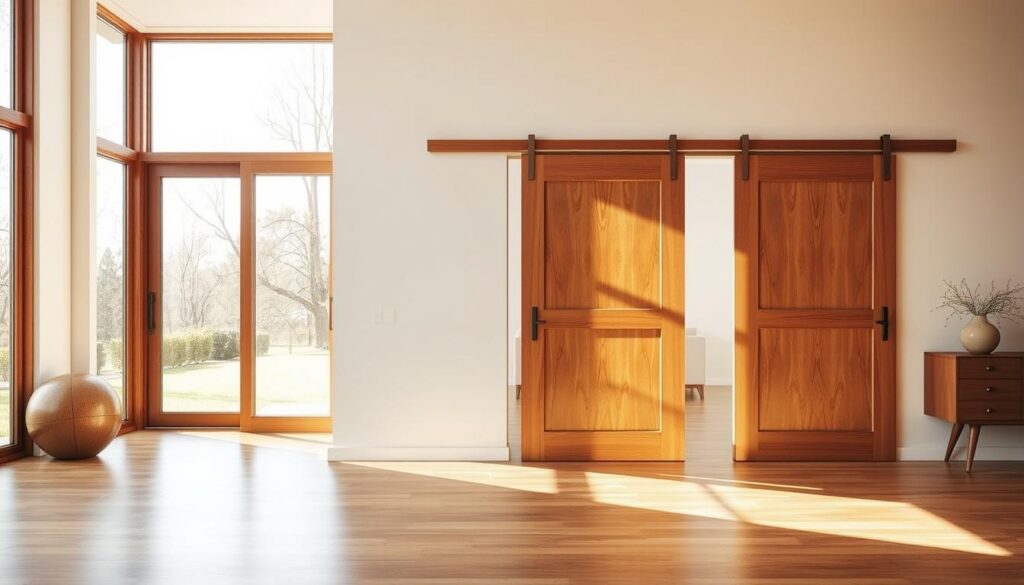 A well-crafted wooden sliding door in a sun-dappled room, its natural grain and warm tones complementing the elegant, minimalist space. The door glides effortlessly on smooth, concealed tracks, offering a seamless transition between interior spaces. Warm lighting from large windows casts a soft, inviting glow, highlighting the door's high-quality construction and attention to detail. The overall scene exudes a sense of refined, modern simplicity - the perfect harmonious addition to the contemporary home. A well-crafted wooden sliding door in a sun-dappled room, its natural grain and warm tones complementing the elegant, minimalist space. The door glides effortlessly on smooth, concealed tracks, offering a seamless transition between interior spaces. Warm lighting from large windows casts a soft, inviting glow, highlighting the door's high-quality construction and attention to detail. The overall scene exudes a sense of refined, modern simplicity - the perfect harmonious addition to the contemporary home.