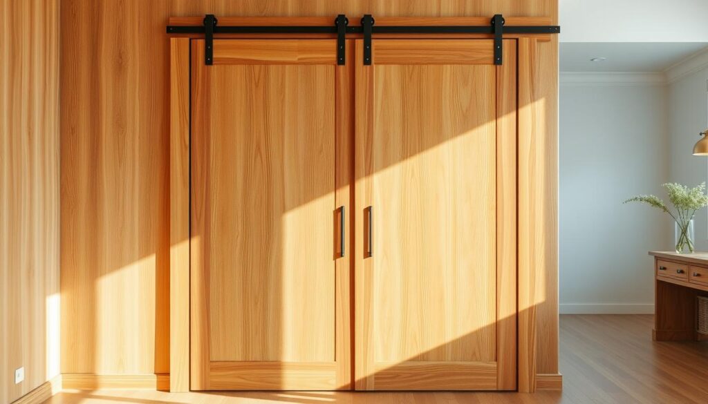 A well-crafted wooden sliding door, its natural grain and texture showcased in a warm, inviting manner. The door stands in a bright, airy space, the soft lighting highlighting its exquisite craftsmanship. The frame is a rich, earthy tone, seamlessly blending with the surrounding wood paneling. The door glides effortlessly on sturdy hardware, its smooth motion conveying a sense of elegant functionality. In the background, a minimal, modern aesthetic complements the wood's organic beauty, creating a harmonious and visually appealing composition. A well-crafted wooden sliding door, its natural grain and texture showcased in a warm, inviting manner. The door stands in a bright, airy space, the soft lighting highlighting its exquisite craftsmanship. The frame is a rich, earthy tone, seamlessly blending with the surrounding wood paneling. The door glides effortlessly on sturdy hardware, its smooth motion conveying a sense of elegant functionality. In the background, a minimal, modern aesthetic complements the wood's organic beauty, creating a harmonious and visually appealing composition.