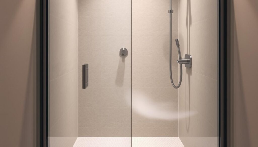 A well-designed, walk-in shower enclosure, expertly crafted to optimize the space in a small bathroom. The shower features a sleek, frameless glass panel, creating an elegant, modern aesthetic. Subtle lighting emanates from concealed fixtures, casting a warm, inviting glow and enhancing the sense of openness. The tiled floor is smooth and textured, providing a non-slip surface for safe, comfortable use. The showerhead is positioned to deliver a refreshing, powerful spray, while the minimalist hardware blends seamlessly with the overall design. This versatile, space-saving shower solution is the perfect choice for a compact bathroom, offering both functional and aesthetic benefits.