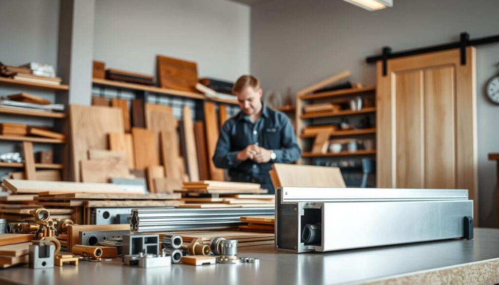 A well-lit and neatly organized workshop scene showcasing a range of wooden sliding door components. In the foreground, a sturdy aluminum sliding door track system takes center stage, its sleek silver finish gleaming under the soft, diffused lighting. Surrounding it, an assortment of wood samples, hardware fittings, and installation tools are artfully arranged, suggesting the customizable nature of the offered solutions. In the middle ground, a skilled technician examines the components, their expression one of focused attention. The background features a clean, minimalist environment with a neutral color palette, allowing the featured elements to stand out and convey a sense of professionalism and attention to detail. A well-lit and neatly organized workshop scene showcasing a range of wooden sliding door components. In the foreground, a sturdy aluminum sliding door track system takes center stage, its sleek silver finish gleaming under the soft, diffused lighting. Surrounding it, an assortment of wood samples, hardware fittings, and installation tools are artfully arranged, suggesting the customizable nature of the offered solutions. In the middle ground, a skilled technician examines the components, their expression one of focused attention. The background features a clean, minimalist environment with a neutral color palette, allowing the featured elements to stand out and convey a sense of professionalism and attention to detail.