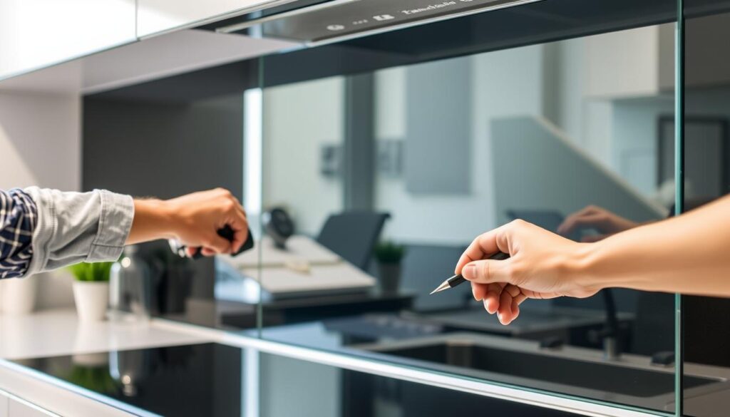 A well-lit, close-up photograph of a modern, frameless glass kitchen backsplash spritzschutz (splash guard) being installed. The glass panel is sleek and seamless, reflecting the surrounding kitchen elements. The installation process is showcased, highlighting the clean, tool-free mounting methods, such as clamping or adhesive attachment, without the need for drilling into the wall. The overall scene conveys a sense of precision, simplicity, and the versatility of this type of kitchen spritzschutz solution.