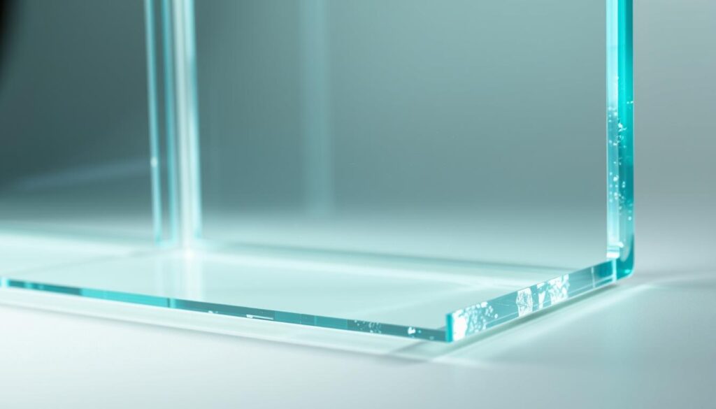 A well-lit, close-up shot of a sheet of tempered safety glass, its surface shimmering with a crystalline, almost icy sheen. The glass panels appear thick and sturdy, with clean, precise edges and a slight curvature that suggests high-quality manufacturing. The background is a soft, neutral tone, allowing the glass to take center stage and showcase its strength and clarity. The lighting is directional, casting subtle highlights and shadows that accentuate the glass' depth and solidity. The overall impression is one of durability, quality, and advanced engineering - the perfect material for a high-end sliding door or terrace enclosure.
