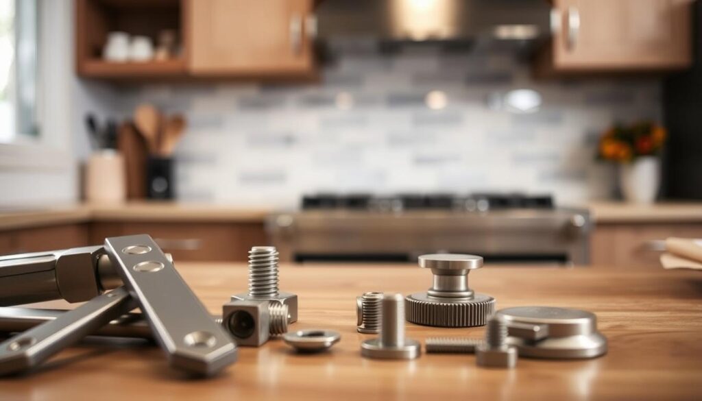 A well-lit, close-up view of a step-by-step assembly guide for a custom kitchen backsplash. The foreground features a set of high-quality, brushed metal tools and hardware neatly arranged, conveying a sense of precision and craftsmanship. The middle ground showcases a partially assembled backsplash panel, its surface reflecting the light and revealing the intricate details of the installation process. The background blurs softly, focusing the viewer's attention on the hands-on, DIY nature of the task at hand. The overall atmosphere is one of careful, methodical construction, with a touch of modern, minimalist design sensibility.
