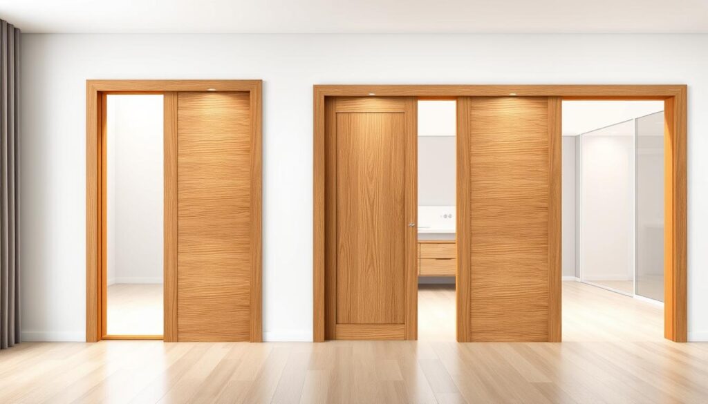A well-lit, detailed illustration of a sliding wooden door in a modern interior setting. The door is constructed with a sleek, minimalist design, featuring clean lines and a natural wood grain texture. The door is shown in multiple sizes, ranging from a compact single-panel version to a wider, multi-panel configuration, allowing the viewer to appreciate the versatility of the design. The scene is bathed in soft, even lighting, highlighting the elegant proportions and high-quality craftsmanship of the doors. The background showcases a neutral, contemporary decor style, allowing the sliding doors to take center stage as the focal point of the image. A well-lit, detailed illustration of a sliding wooden door in a modern interior setting. The door is constructed with a sleek, minimalist design, featuring clean lines and a natural wood grain texture. The door is shown in multiple sizes, ranging from a compact single-panel version to a wider, multi-panel configuration, allowing the viewer to appreciate the versatility of the design. The scene is bathed in soft, even lighting, highlighting the elegant proportions and high-quality craftsmanship of the doors. The background showcases a neutral, contemporary decor style, allowing the sliding doors to take center stage as the focal point of the image.