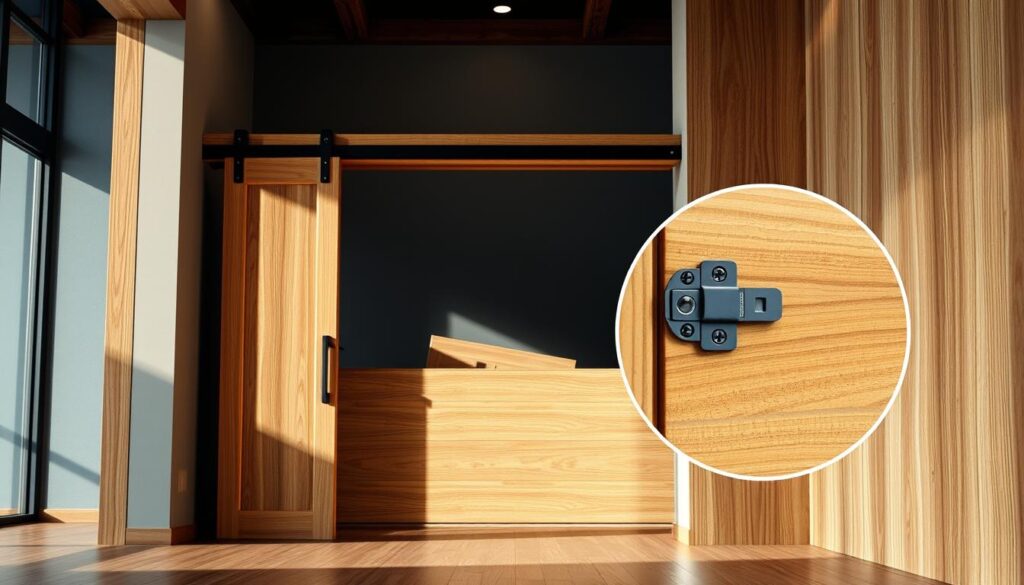 A well-lit, detailed interior scene showcasing the key components of a sliding door system. In the foreground, the sliding door itself, made of high-quality wood, stands open, revealing the intricate mechanisms and tracks that allow it to glide smoothly. The middle ground features a close-up view of the door's latch and hardware, highlighting the precision engineering and thoughtful design. In the background, an architectural rendering provides context, displaying the door integrated into a larger wooden wall system. Lighting from above casts soft shadows, emphasizing the depth and textures of the materials. The overall composition conveys a sense of craftsmanship, functionality, and attention to detail. A well-lit, detailed interior scene showcasing the key components of a sliding door system. In the foreground, the sliding door itself, made of high-quality wood, stands open, revealing the intricate mechanisms and tracks that allow it to glide smoothly. The middle ground features a close-up view of the door's latch and hardware, highlighting the precision engineering and thoughtful design. In the background, an architectural rendering provides context, displaying the door integrated into a larger wooden wall system. Lighting from above casts soft shadows, emphasizing the depth and textures of the materials. The overall composition conveys a sense of craftsmanship, functionality, and attention to detail.