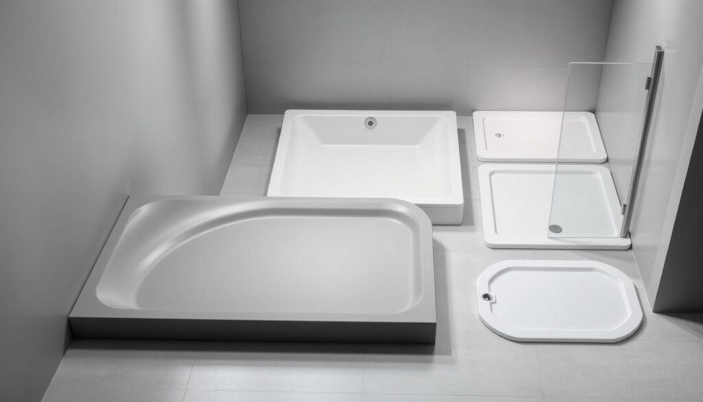 A well-lit, high-angle photograph showcasing a variety of modern shower tray designs. The foreground features a clean, minimalist Viertelkreis (quarter-circle) tray in a matte grey finish, positioned against a neutral background. In the middle ground, a rectangular shower tray in a sleek, contemporary style stands out, while in the background, a stylish Fünfeck (pentagon-shaped) tray and a spacious Walk-in shower layout are visible, all crafted from durable, high-quality plastic materials. The lighting is soft and diffused, highlighting the smooth contours and textures of the shower trays, creating a sense of sophistication and attention to detail. The overall atmosphere is one of modern, functional elegance, perfectly suited to illustrate the range of options available for customizing the shower experience. A well-lit, high-angle photograph showcasing a variety of modern shower tray designs. The foreground features a clean, minimalist Viertelkreis (quarter-circle) tray in a matte grey finish, positioned against a neutral background. In the middle ground, a rectangular shower tray in a sleek, contemporary style stands out, while in the background, a stylish Fünfeck (pentagon-shaped) tray and a spacious Walk-in shower layout are visible, all crafted from durable, high-quality plastic materials. The lighting is soft and diffused, highlighting the smooth contours and textures of the shower trays, creating a sense of sophistication and attention to detail. The overall atmosphere is one of modern, functional elegance, perfectly suited to illustrate the range of options available for customizing the shower experience.