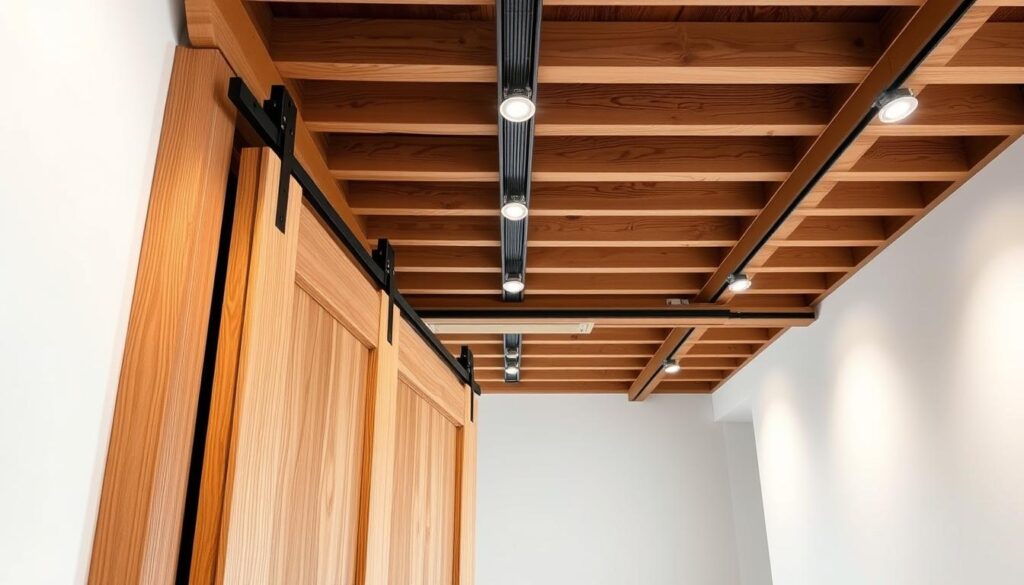 A well-lit, high-angle shot of a wooden sliding door installation, showcasing both the wall-mounted and ceiling-mounted configurations. The foreground features the wooden frame and hardware in intricate detail, while the middle ground displays the door panels sliding smoothly along the track. The background subtly fades into a neutral, clean interior setting, emphasizing the craftsmanship and versatility of the door system. The overall scene conveys a sense of precision, functionality, and refined design, capturing the essence of the "Montage vor der Wand oder Deckenmontage" section.