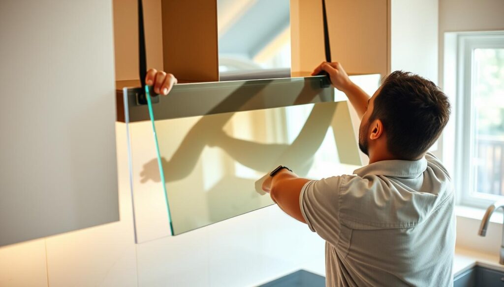 A well-lit, high-angle view of a kitchen backsplash delivery being made, showcasing the careful handling and precise installation of a custom glass panel by a skilled technician. The glass surface reflects the kitchen's interior, creating a sense of seamless integration. The background is softly blurred, drawing the viewer's focus to the foreground action. Warm, natural lighting complements the clean, modern aesthetic of the kitchen design, instilling a sense of quality and professionalism. The overall mood is one of reliability, safety, and attention to detail during the delivery and installation process.