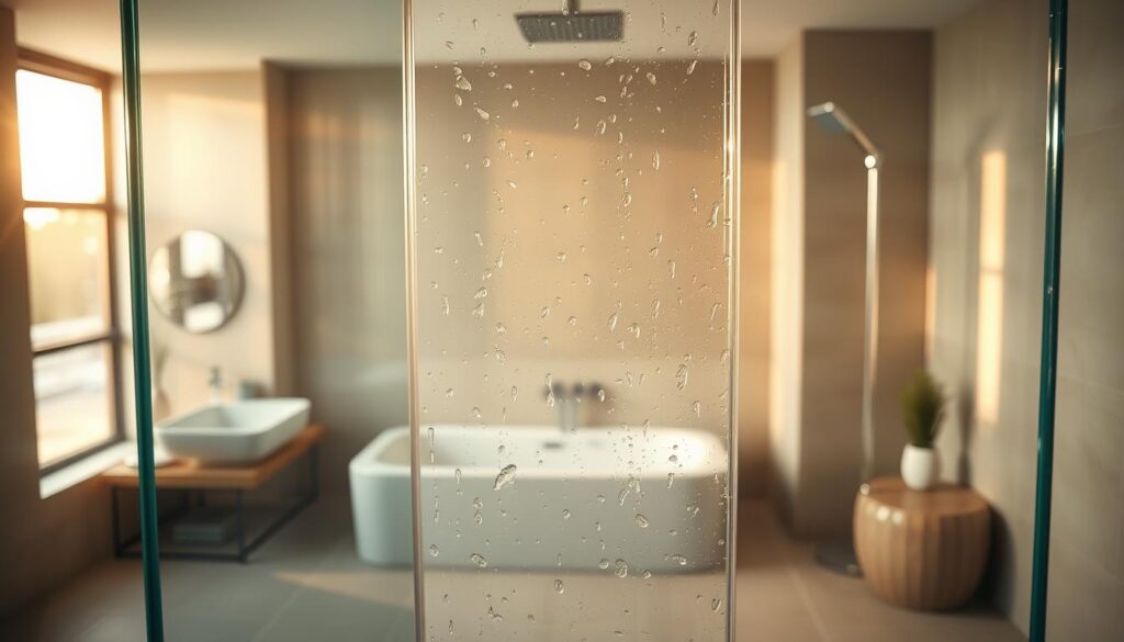 A well-lit, high-angle view of a modern, frameless glass shower enclosure in a spacious bathroom. The gleaming, pristine duschwand (shower wall) is the focal point, with water droplets glistening on its surface. The lighting is warm and natural, creating a serene, spa-like atmosphere. The background features neutral-toned tiles and minimalist decor, allowing the duschwand to stand out. The camera angle emphasizes the duschwand's clean, sleek lines and crystal-clear transparency. The overall scene conveys a sense of effortless cleanliness and timeless style. A well-lit, high-angle view of a modern, frameless glass shower enclosure in a spacious bathroom. The gleaming, pristine duschwand (shower wall) is the focal point, with water droplets glistening on its surface. The lighting is warm and natural, creating a serene, spa-like atmosphere. The background features neutral-toned tiles and minimalist decor, allowing the duschwand to stand out. The camera angle emphasizes the duschwand's clean, sleek lines and crystal-clear transparency. The overall scene conveys a sense of effortless cleanliness and timeless style.