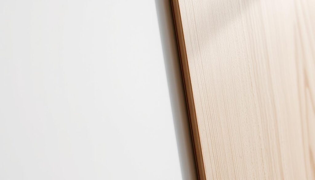 A well-lit, high-quality close-up image of various wood grain and color surfaces, including a smooth white lacquer finish and a wood-like laminate with a subtle grain pattern, both with a soft, matte appearance. The surfaces are evenly lit from the side, creating gentle shadows that accentuate the textures. The composition focuses on the materials, allowing the viewer to closely examine the details and appreciate the range of "oberfläche farben" (surface colors) available. The overall mood is clean, refined, and showcases the versatility of the finishes.
