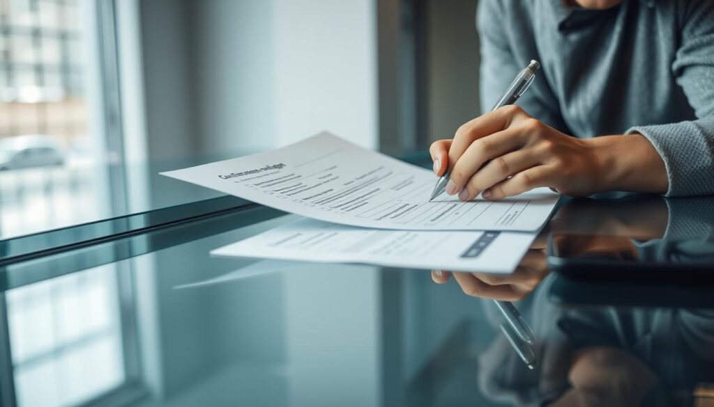 A well-lit, high-quality close-up of a person's hands carefully filling out a detailed inquiry form on a sleek, modern glass desk. The desk surface reflects the lighting, creating a sense of depth and sophistication. The form features intricate fields and checkboxes, conveying the complexity of the "anspruchsvolle anfrage" (demanding inquiry). The person's expression is focused, conveying the care and attention they are putting into the request. The background is a minimalist, slightly blurred office setting, with a large window letting in natural light and hinting at the innovative, premium glass solutions being discussed.