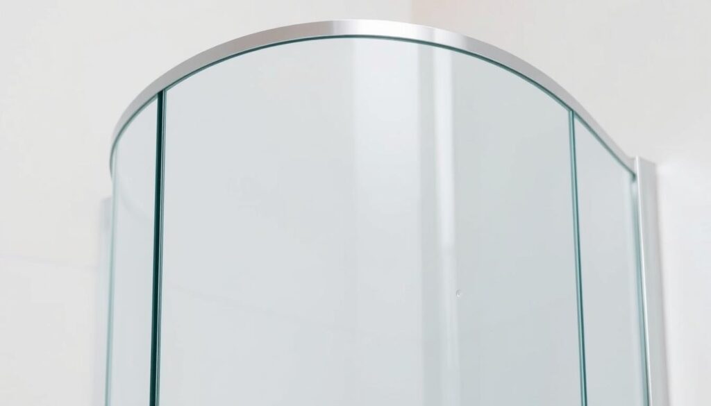 A well-lit, high-quality close-up photograph of a quarter-circle glass shower enclosure. The curved glass panels are clean, seamless, and polished, reflecting the bright lighting and creating a sense of elegant simplicity. The frame is a sleek, minimalist metal in a matte finish, complementing the smooth glass surface. The enclosure is set against a plain, neutral-colored background, allowing the curved shape and transparent material to be the focal point. Subtle water droplets on the glass add a touch of realism, suggesting the enclosure's intended use. The perspective is angled slightly to highlight the graceful curve of the quarter-circle design. A well-lit, high-quality close-up photograph of a quarter-circle glass shower enclosure. The curved glass panels are clean, seamless, and polished, reflecting the bright lighting and creating a sense of elegant simplicity. The frame is a sleek, minimalist metal in a matte finish, complementing the smooth glass surface. The enclosure is set against a plain, neutral-colored background, allowing the curved shape and transparent material to be the focal point. Subtle water droplets on the glass add a touch of realism, suggesting the enclosure's intended use. The perspective is angled slightly to highlight the graceful curve of the quarter-circle design.