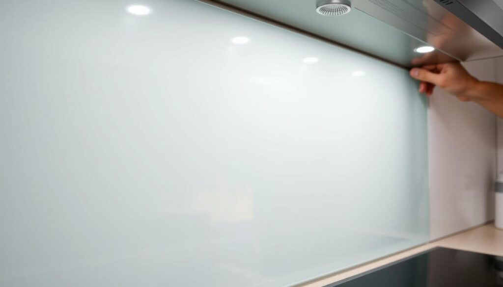 A well-lit, high-quality close-up shot of a custom-made kitchen backsplash panel being installed. The panel is made of tempered glass with a minimalist, modern design featuring a clean, seamless surface with a subtle textured pattern. Careful attention is paid to the installation process, showcasing the steps required to properly mount the panel flush against the wall, creating a sleek, professional finish. The image conveys a sense of precision, craftsmanship, and the ease of the installation process.