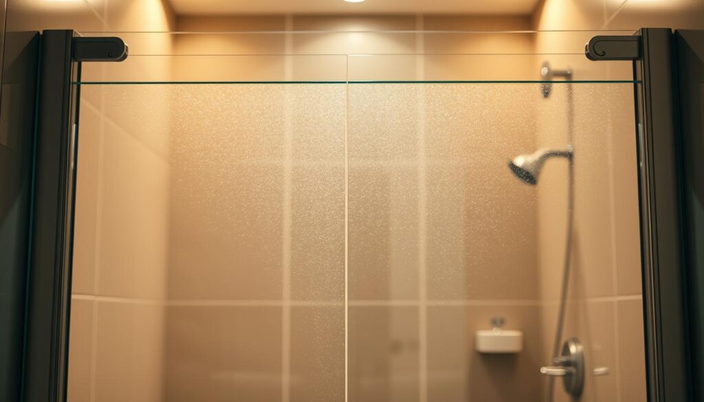 A well-lit, high-quality glass shower door in a modern bathroom, showcasing its sparkling clean, streak-free appearance. The glass surface reflects the light, creating a sense of clarity and refinement. The frame is minimalist and elegant, allowing the glass to be the focal point. The background is softly blurred, emphasizing the attention on the glass door. The lighting is natural, with warm tones that create a serene and relaxing atmosphere. The composition is balanced, with the glass door positioned centrally within the frame, highlighting its importance as the subject of the image. A well-lit, high-quality glass shower door in a modern bathroom, showcasing its sparkling clean, streak-free appearance. The glass surface reflects the light, creating a sense of clarity and refinement. The frame is minimalist and elegant, allowing the glass to be the focal point. The background is softly blurred, emphasizing the attention on the glass door. The lighting is natural, with warm tones that create a serene and relaxing atmosphere. The composition is balanced, with the glass door positioned centrally within the frame, highlighting its importance as the subject of the image.