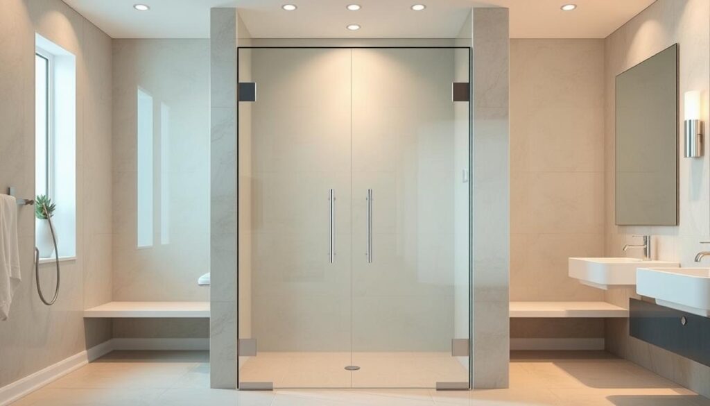 A well-lit, high-quality glass shower door standing in a modern, spacious bathroom. The door is made of tempered, transparent glass with clean, seamless edges, reflecting the bathroom's bright and airy atmosphere. The glass door is flanked by sleek, minimalist metal framing, creating a seamless, high-end look. Soft, diffused lighting from overhead fixtures bathes the scene in a warm, welcoming glow, highlighting the smooth, polished surfaces of the glass and the surrounding tile work. The bathroom features a tiled floor, neutral-toned walls, and contemporary fixtures, all working together to create a spa-like, luxurious ambiance that showcases the beauty and functionality of the glass shower door. A well-lit, high-quality glass shower door standing in a modern, spacious bathroom. The door is made of tempered, transparent glass with clean, seamless edges, reflecting the bathroom's bright and airy atmosphere. The glass door is flanked by sleek, minimalist metal framing, creating a seamless, high-end look. Soft, diffused lighting from overhead fixtures bathes the scene in a warm, welcoming glow, highlighting the smooth, polished surfaces of the glass and the surrounding tile work. The bathroom features a tiled floor, neutral-toned walls, and contemporary fixtures, all working together to create a spa-like, luxurious ambiance that showcases the beauty and functionality of the glass shower door.