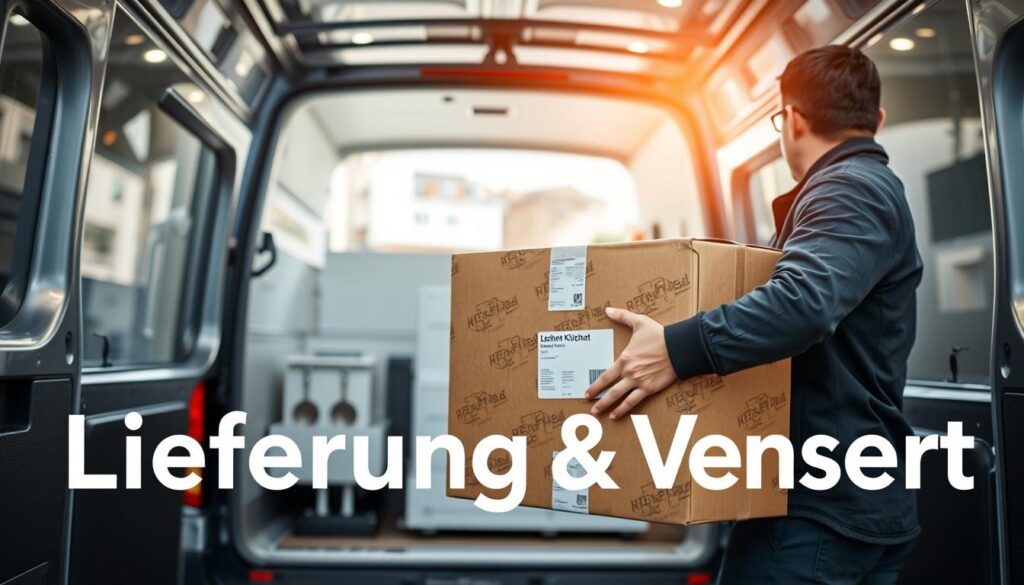 A well-lit, high-quality image showcasing the delivery process of a kitchen backsplash. In the foreground, a sturdy, expertly-packaged box is being carefully handled by a professional delivery person. The box is adorned with clear labels and branding, conveying a sense of quality and care. In the middle ground, the delivery van is visible, its interior neatly organized and the exterior gleaming. The background features a clean, urban setting with buildings and infrastructure, suggesting an efficient, reliable delivery network. The overall scene radiates a mood of professionalism, transparency, and attention to detail, perfectly capturing the essence of the "Lieferung & Versand" section.