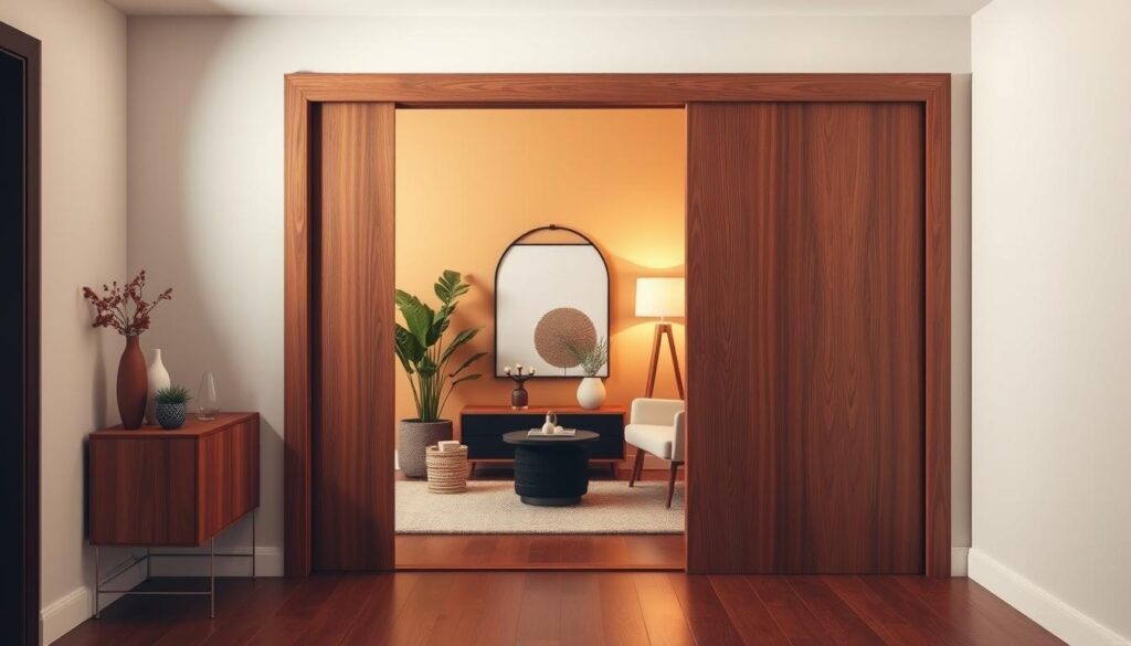 A well-lit, high-quality interior scene showcasing a modern sliding door system. In the foreground, a sleek, solid wood sliding door frame with a smooth, polished finish. The door glides effortlessly on a discreet track system, its clean lines and minimalist design complementing the surrounding space. In the middle ground, a carefully curated vignette of complementary decor elements, such as potted plants, a modern lamp, and a chic rug, creates a cohesive and visually appealing composition. The background features a warm, neutral-toned wall, subtly highlighting the craftsmanship and attention to detail of the sliding door system. The lighting is soft and diffused, casting a gentle glow and creating a welcoming, serene atmosphere.