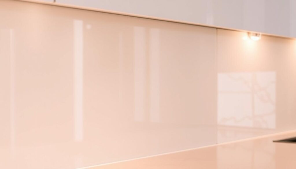 A well-lit, high-quality kitchen backsplash made of durable, easy-to-clean tempered glass. The surface reflects warm, diffused lighting, creating a clean, modern aesthetic. The glass has a subtle, satin-like finish that resists fingerprints and smudges, making it simple to maintain. Viewed from an angle, the backsplash appears seamless, with no visible joints or edges. A small, decorative accent light in the corner gently illuminates the space, enhancing the overall ambiance. The entire scene conveys a sense of timeless sophistication and low-maintenance practicality.
