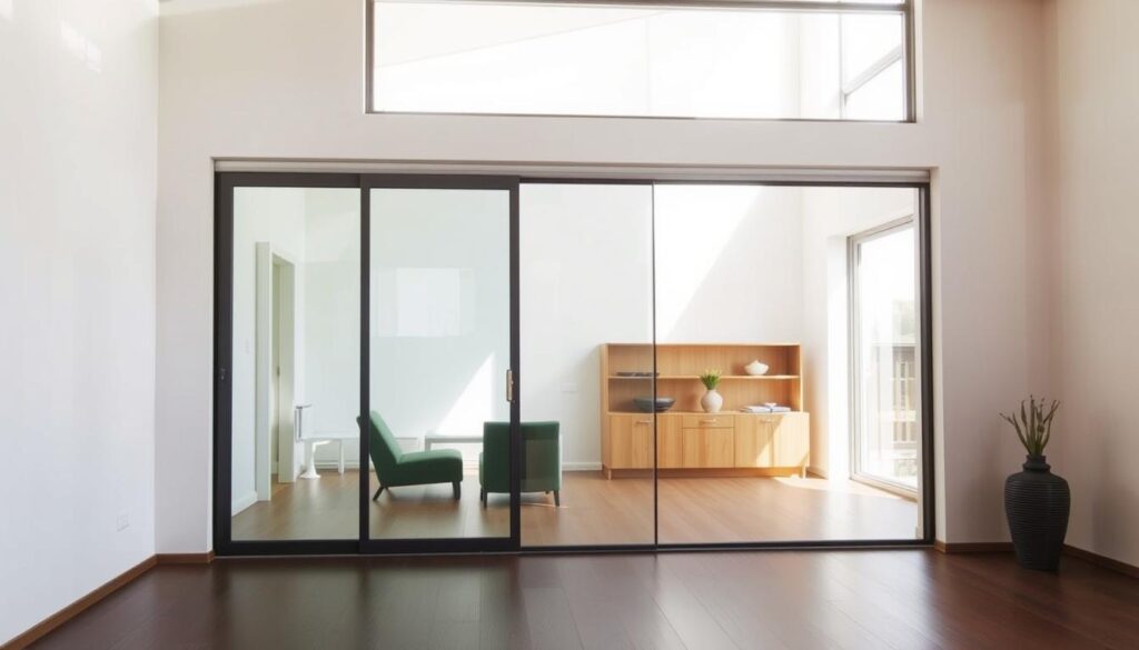 A well-lit, high-quality photograph of a sliding glass door wall in a modern interior setting. The sliding door features sleek, minimalist design with a frameless, fully transparent glass panel that seamlessly integrates into the surrounding drywall or masonry construction. The door glides effortlessly on a high-precision track system, accentuating the clean, minimalist aesthetic. The scene conveys a sense of spaciousness, with natural light flooding the space and highlighting the elegant simplicity of the sliding door system. The image showcases the versatility and premium quality of the "Schiebetür" solution, capturing its ideal application in a high-end residential or commercial environment. A well-lit, high-quality photograph of a sliding glass door wall in a modern interior setting. The sliding door features sleek, minimalist design with a frameless, fully transparent glass panel that seamlessly integrates into the surrounding drywall or masonry construction. The door glides effortlessly on a high-precision track system, accentuating the clean, minimalist aesthetic. The scene conveys a sense of spaciousness, with natural light flooding the space and highlighting the elegant simplicity of the sliding door system. The image showcases the versatility and premium quality of the "Schiebetür" solution, capturing its ideal application in a high-end residential or commercial environment.