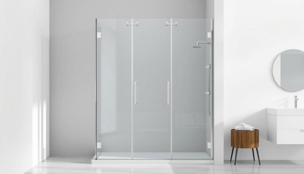 A well-lit, high-quality, photorealistic image of a glass shower enclosure that showcases the available height and size options. The shower enclosure should be placed in a modern, minimalist bathroom setting with clean lines and neutral tones. Highlight the seamless glass panels with crisp reflections and a slight distortion effect, conveying the sense of transparency and unobstructed views. Emphasize the sleek, frameless design and adjustable height feature from 150 to 200 cm. Capture the attention to detail and premium quality that Glastürshop24 is known for, creating an aspirational and visually compelling scene.