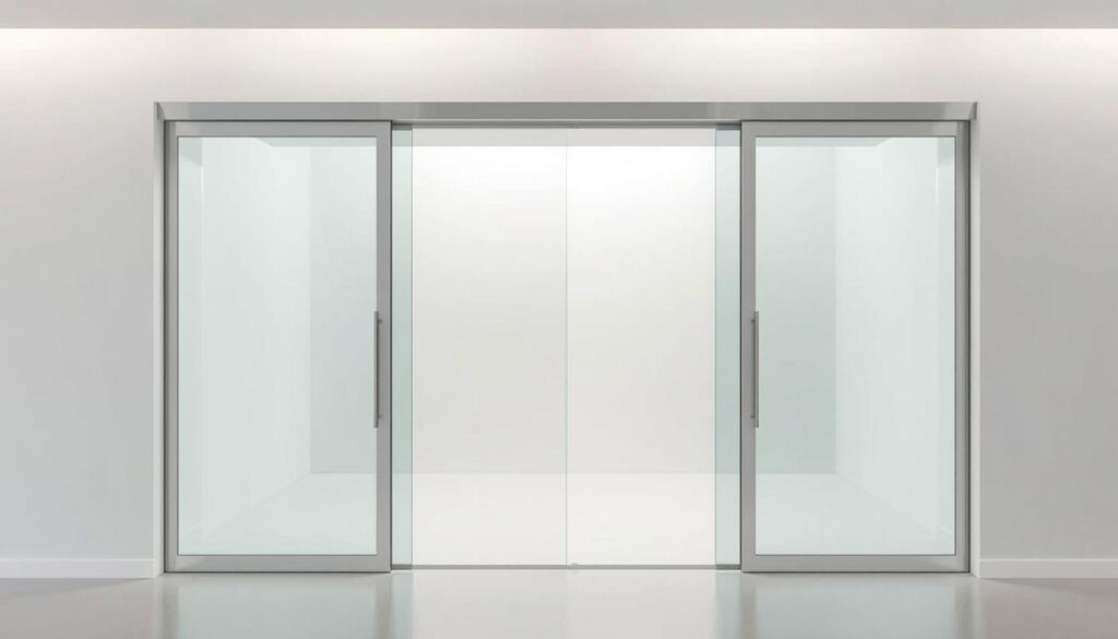A well-lit, high-resolution architectural rendering of a modern sliding door system. The sliding door panels are made of tempered glass, framed in sleek aluminum profiles. The doors are installed in a floor-to-ceiling wall, showcasing their full height and seamless integration. The wall is finished in a neutral, minimalist palette, allowing the sliding door to be the focal point. The scene is captured from an oblique angle, highlighting the depth and dimensionality of the installation. Lighting is soft and diffuse, accentuating the transparency and reflective qualities of the glass. The overall mood is one of clean, contemporary design and functional elegance.