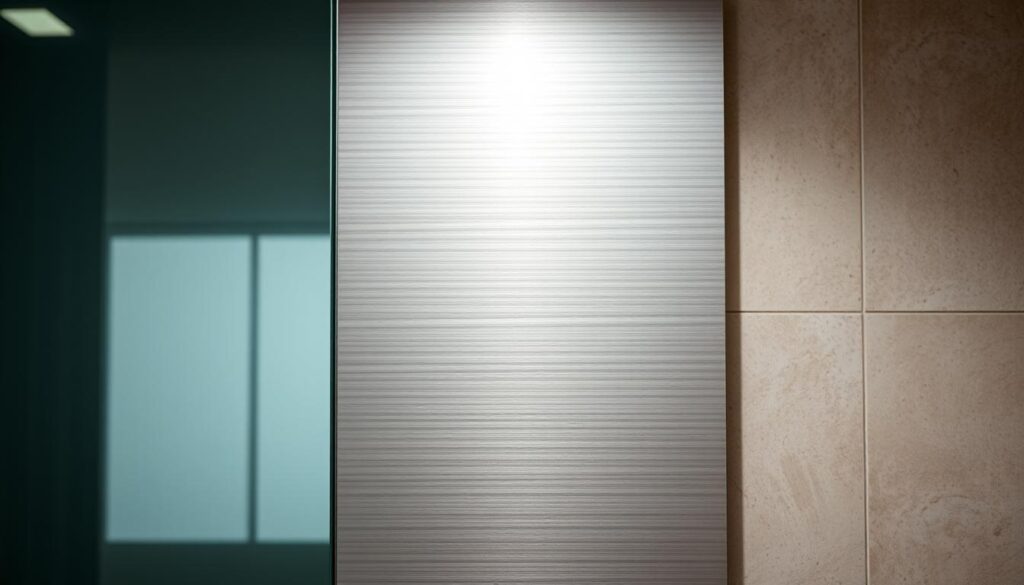 A well-lit, high-resolution close-up of various kitchen surfaces with diverse finishes and textures. The foreground showcases a sleek, glossy glass panel reflecting the light, while the middle ground features a matte, brushed metal surface with subtle linear patterns. The background includes a textured, semi-matte tile or stone surface in a neutral color palette. The lighting is soft and diffused, creating depth and accentuating the tactile qualities of the materials. The overall composition emphasizes the visual and tactile contrasts between the surfaces, highlighting their unique aesthetic properties.